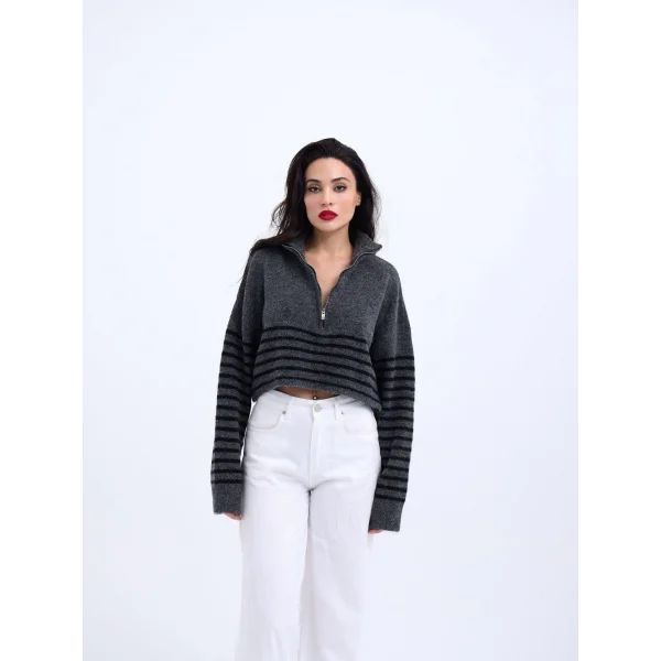 43311 TRİKO ÇİZGİLİ FERMUARLI CROP-ANTRASİT-SİYAH