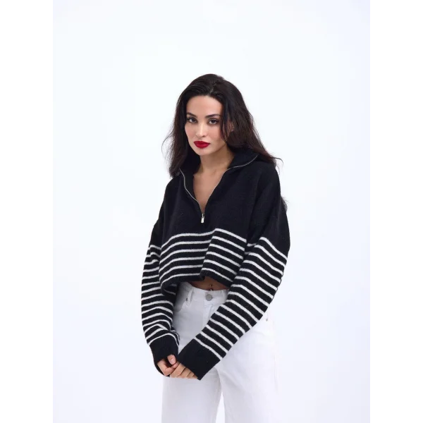 43311 TRİKO ÇİZGİLİ FERMUARLI CROP-ANTRASİT-SİYAH