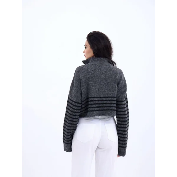 43311 TRİKO ÇİZGİLİ FERMUARLI CROP-ANTRASİT-SİYAH