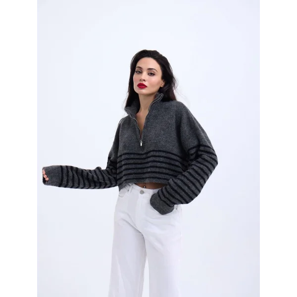 43311 TRİKO ÇİZGİLİ FERMUARLI CROP-ANTRASİT-SİYAH