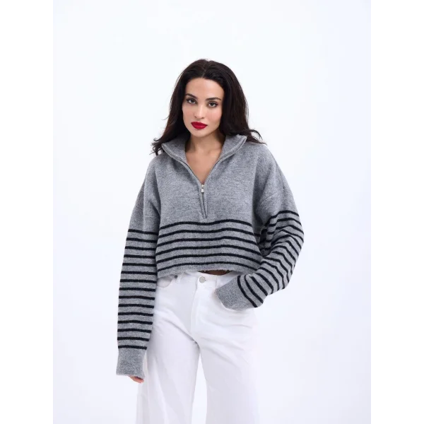 43311 TRİKO ÇİZGİLİ FERMUARLI CROP-GRİ-SİYAH