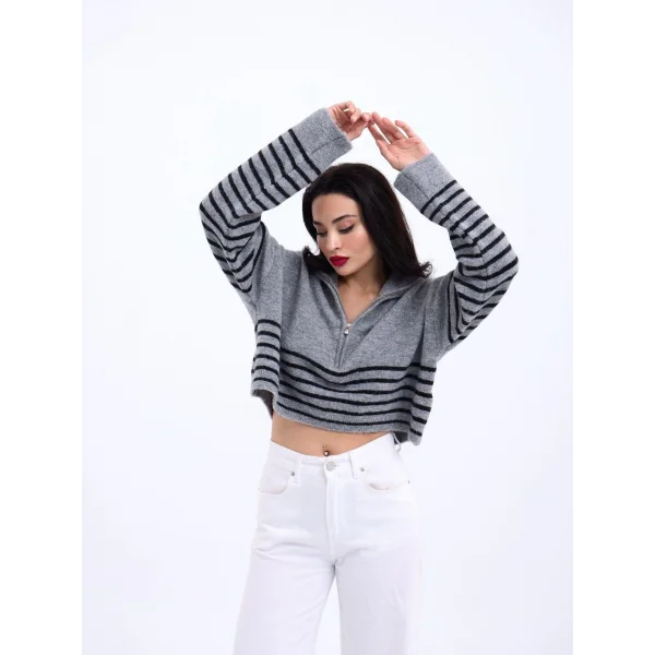 43311 TRİKO ÇİZGİLİ FERMUARLI CROP-GRİ-SİYAH