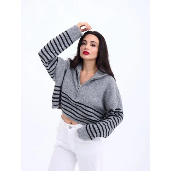 43311 TRİKO ÇİZGİLİ FERMUARLI CROP-GRİ-SİYAH