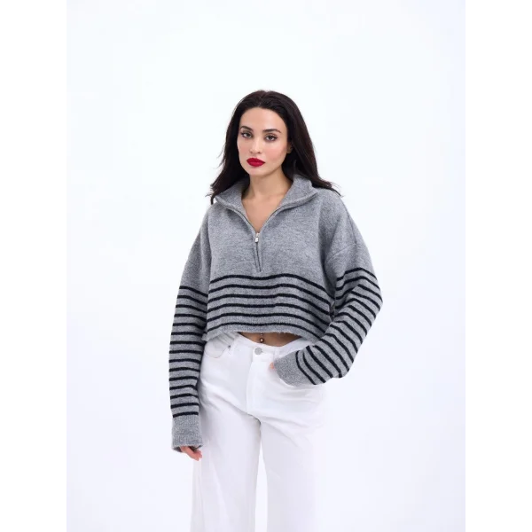 43311 TRİKO ÇİZGİLİ FERMUARLI CROP-GRİ-SİYAH