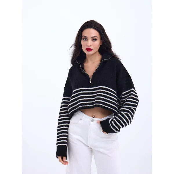 43311 TRİKO ÇİZGİLİ FERMUARLI CROP-SİYAH-EKRU