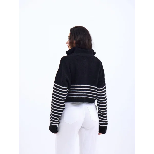 43311 TRİKO ÇİZGİLİ FERMUARLI CROP-SİYAH-EKRU