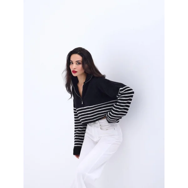43311 TRİKO ÇİZGİLİ FERMUARLI CROP-SİYAH-EKRU