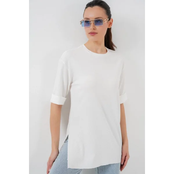 4332 Yanı Yırtmaçlı Örme Tişört - Beyaz