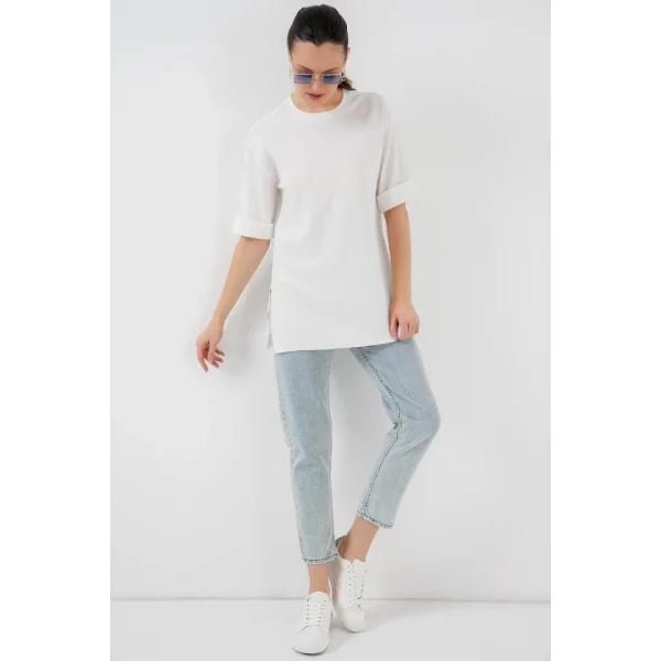 4332 Yanı Yırtmaçlı Örme Tişört - Beyaz