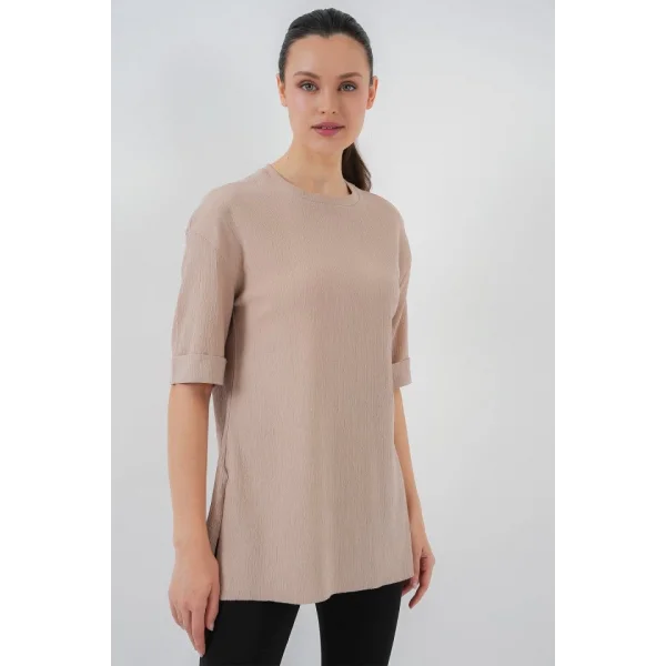 4332 Yanı Yırtmaçlı Örme Tişört - Bisküvi