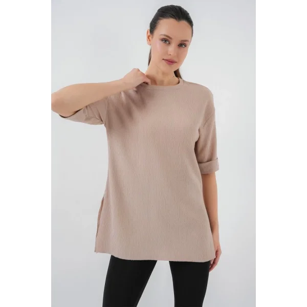 4332 Yanı Yırtmaçlı Örme Tişört - Bisküvi