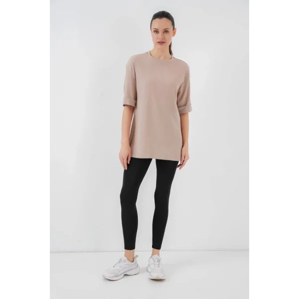 4332 Yanı Yırtmaçlı Örme Tişört - Bisküvi