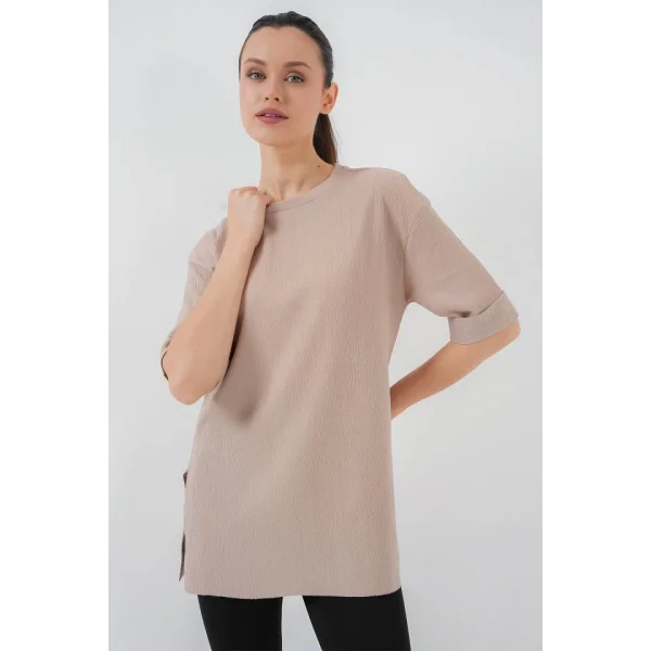 4332 Yanı Yırtmaçlı Örme Tişört - Bisküvi