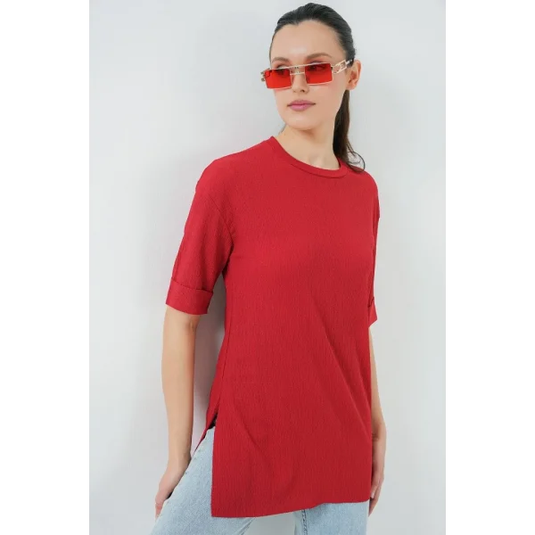 4332 Yanı Yırtmaçlı Örme Tişört - Kırmızı