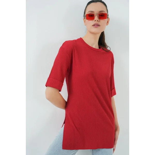 4332 Yanı Yırtmaçlı Örme Tişört - Kırmızı