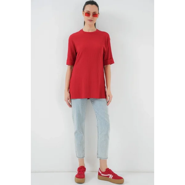 4332 Yanı Yırtmaçlı Örme Tişört - Kırmızı