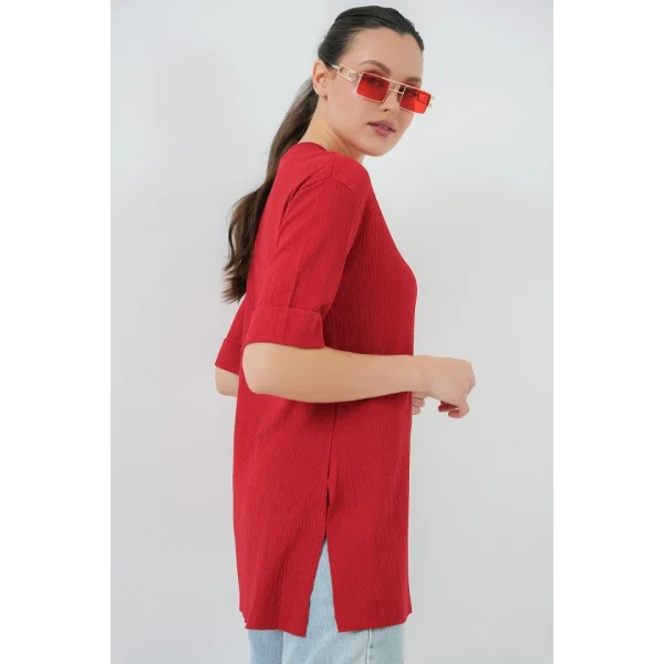 4332 Yanı Yırtmaçlı Örme Tişört - Kırmızı