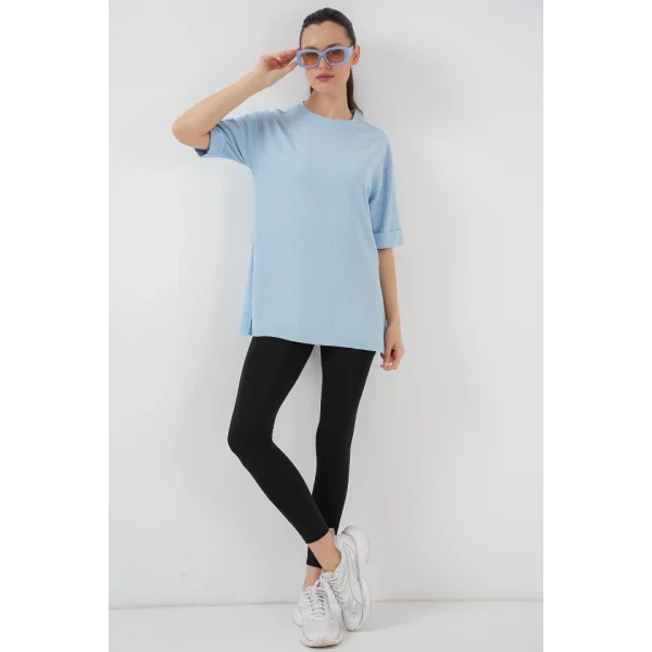 4332 Yanı Yırtmaçlı Örme Tişört - Mavi