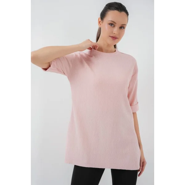 4332 Yanı Yırtmaçlı Örme Tişört - Pudra