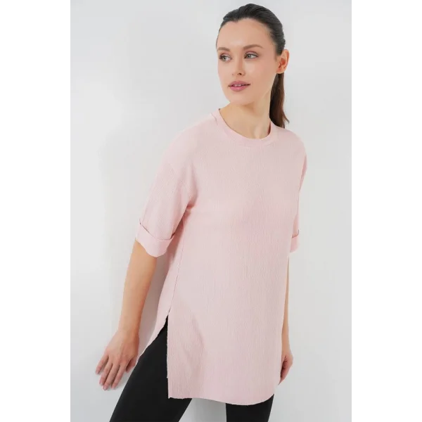 4332 Yanı Yırtmaçlı Örme Tişört - Pudra