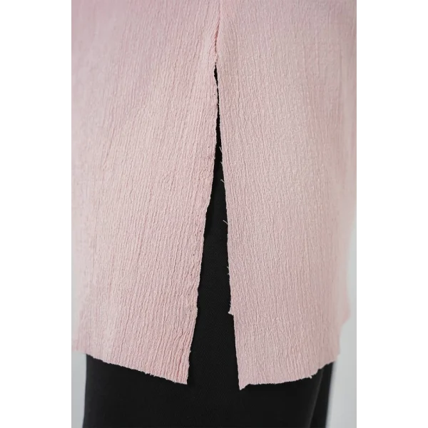 4332 Yanı Yırtmaçlı Örme Tişört - Pudra