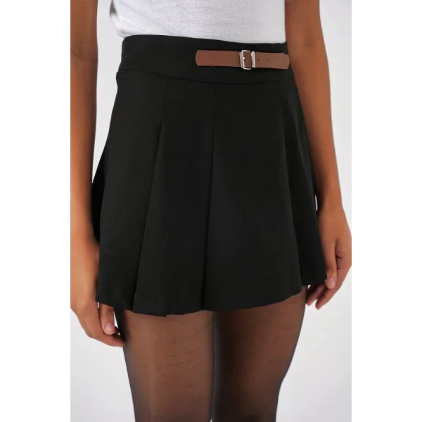 4335 Kemerli Mini Şort Etek  Siyah
