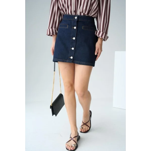 5 Düğmeli Kot Etek - Rins