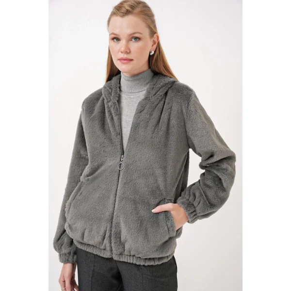 5091 Kapşonlu Kürklü İçi Astarlı Mont  Antrasit