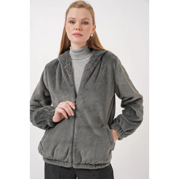 5091 Kapşonlu Kürklü İçi Astarlı Mont  Antrasit