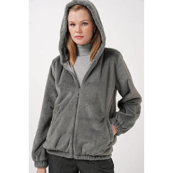 5091 Kapşonlu Kürklü İçi Astarlı Mont  Antrasit