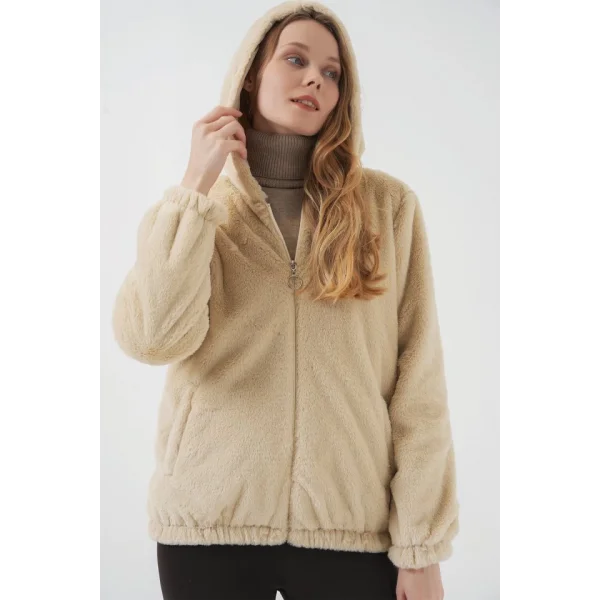 5091 Kapşonlu Kürklü İçi Astarlı Mont  Bisküvi