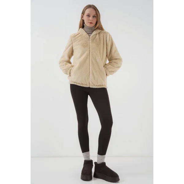 5091 Kapşonlu Kürklü İçi Astarlı Mont  Bisküvi