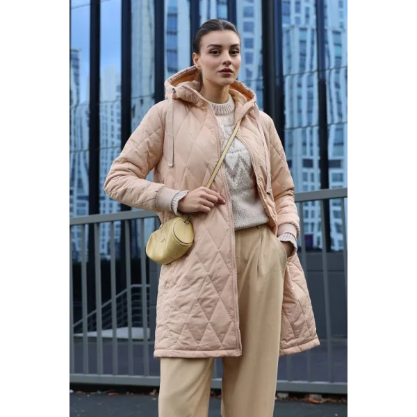 51 Kapitone Uzun Şişme Mont  Bej