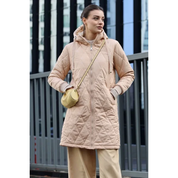 51 Kapitone Uzun Şişme Mont  Bej