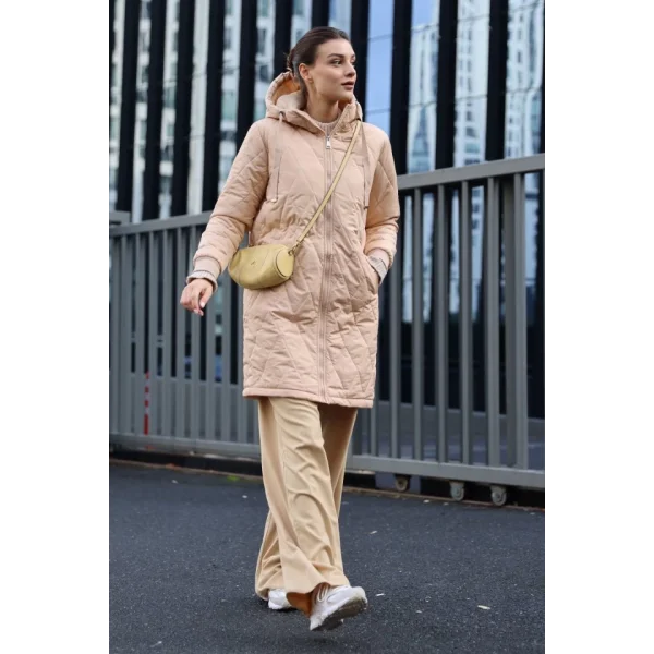 51 Kapitone Uzun Şişme Mont  Bej