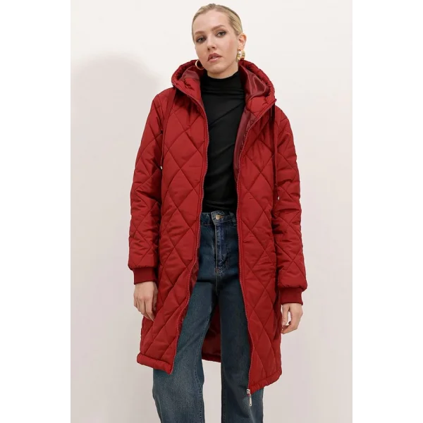 51 Kapitone Uzun Şişme Mont  Bordo