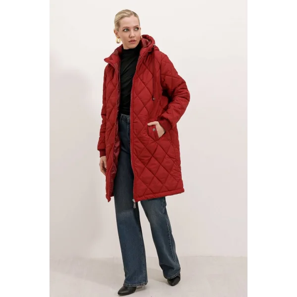 51 Kapitone Uzun Şişme Mont  Bordo