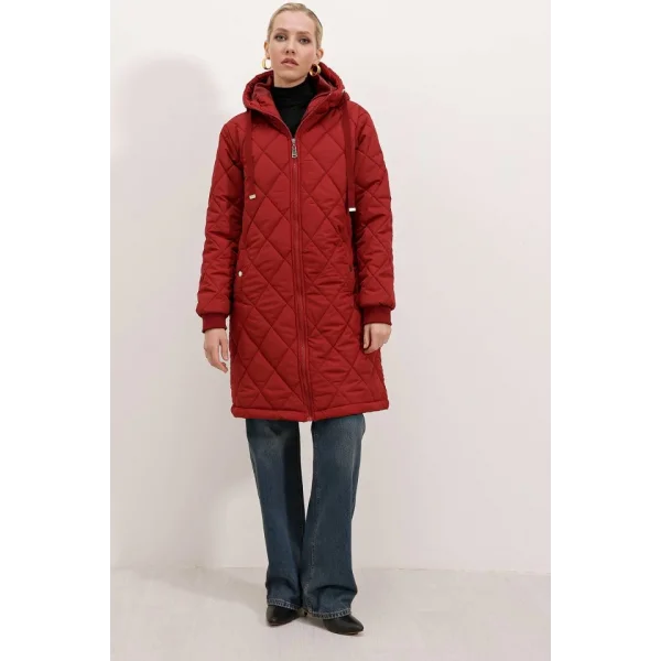 51 Kapitone Uzun Şişme Mont  Bordo