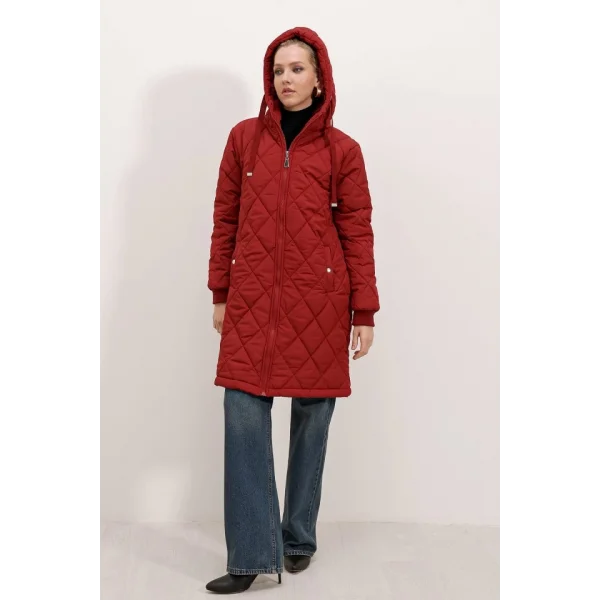 51 Kapitone Uzun Şişme Mont  Bordo