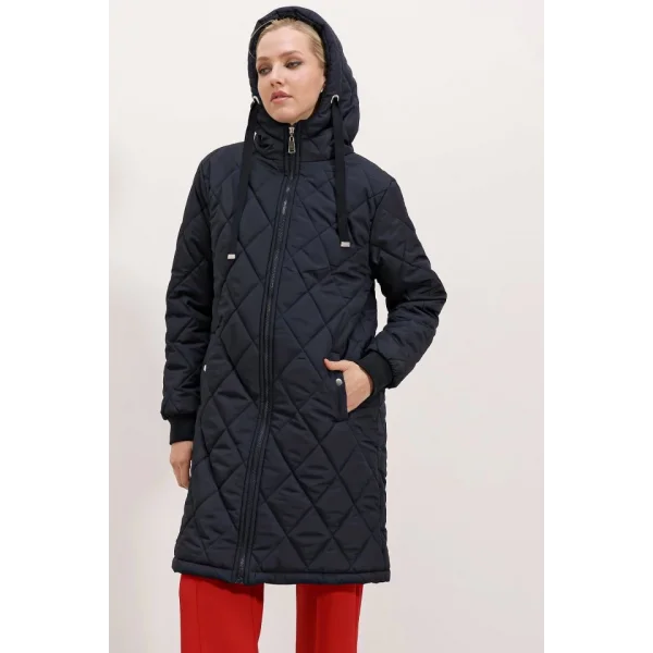 51 Kapitone Uzun Şişme Mont  Lacivert