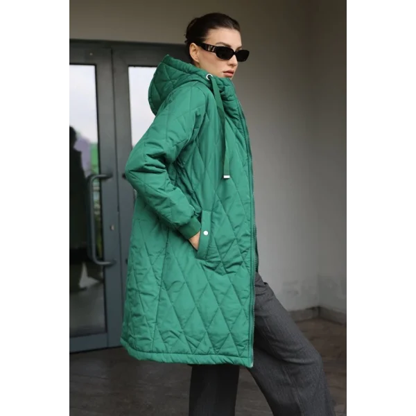 51 Kapitone Uzun Şişme Mont  Zümrüt Yeşili