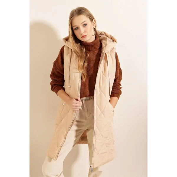 51 Kapşonlu Uzun Şişme Yelek  Bej