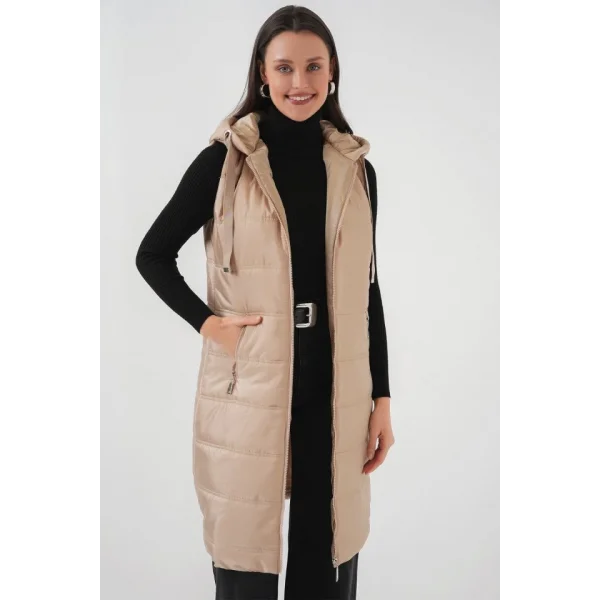 51 Kapşonlu Uzun Şişme Yelek  Bisküvi