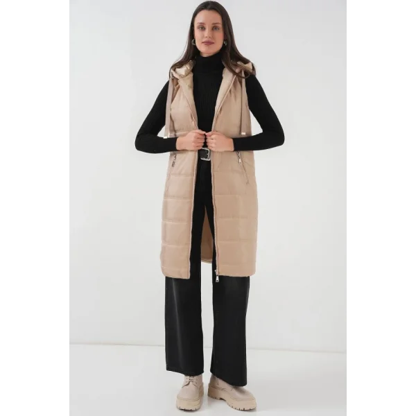 51 Kapşonlu Uzun Şişme Yelek  Bisküvi