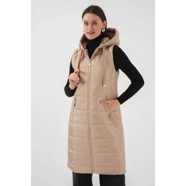 51 Kapşonlu Uzun Şişme Yelek  Bisküvi