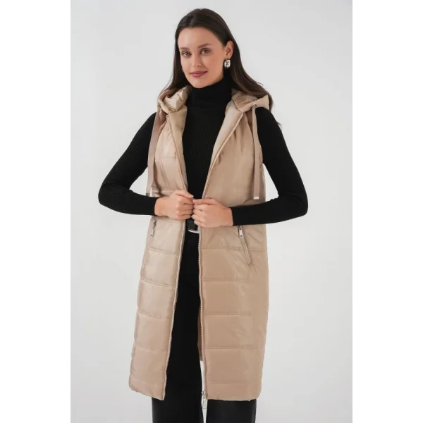 51 Kapşonlu Uzun Şişme Yelek  Bisküvi