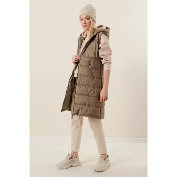 51 Kapşonlu Uzun Şişme Yelek  Çağla