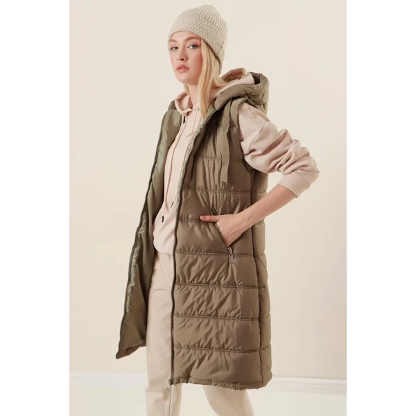 51 Kapşonlu Uzun Şişme Yelek  Çağla