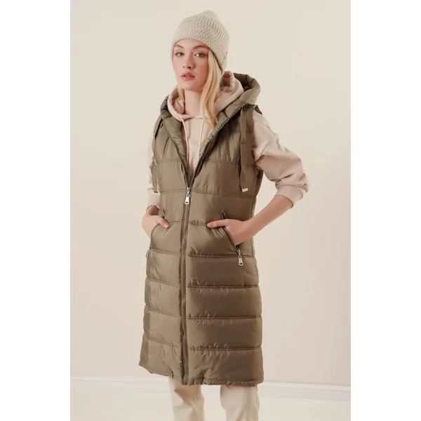 51 Kapşonlu Uzun Şişme Yelek  Çağla