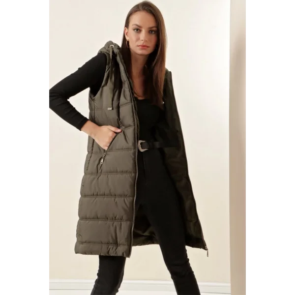 51 Kapşonlu Uzun Şişme Yelek  Haki